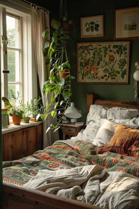 Cute Apartment Ideas Green, Whimsical Green Bedroom, Minimal Plant Bedroom, Cute Cottagecore Bedroom, Cozy Bedroom Green Walls, Boho Antique Bedroom, Vintage Girly Room Aesthetic, Studio Ghibli Inspired Bedroom, Antique Inspired Bedrooms