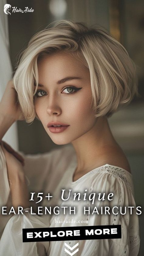 Looking for a low-maintenance hairstyle? Look no further than the classic ear-length haircut! Simple, yet stunning. 💇‍♀️💖 Classic Bobs Haircuts, Short One Length Bob Hairstyles, Classic Short Bob Haircut, Below The Ear Haircut For Women, Ear Length Bob Hairstyles, Ear Bob Haircut, Short Ear Length Hair, Short Hair Low Maintenance, Short Hairstyle Women 2024