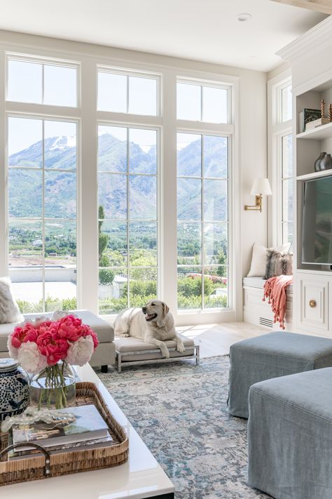 Family Room Reveal... - Rach Parcell Glass Roof Screen Porch, Raised Living Room Ceiling, Living Room French Doors, Family Room Reveal, Traditional Home Magazine, Alice Lane Home, Alice Lane, Living Room Reveal, Interior Design Photos