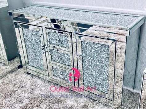 Diamond crush crystal 2 door 3 draw sideboard 130cm wide Wine Rack Sideboard, Mirrored Sideboard, Shabby Chic Antiques, Crushed Diamonds, Sideboard Grey, Mirrored Console Table, Diamond Mirror, Side Board, Large Sideboard