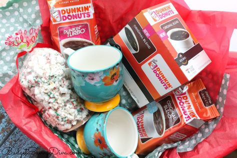 DIY – Making The Ultimate Coffee Gift Basket | Budget Savvy Diva Dunkin Gift Basket, Bingo Prizes, Basket Wrapping, Spa Baskets, Auction Gift Basket Ideas, Chinese Auction, Fall Basket, Coffee Basket, Creative Gift Baskets