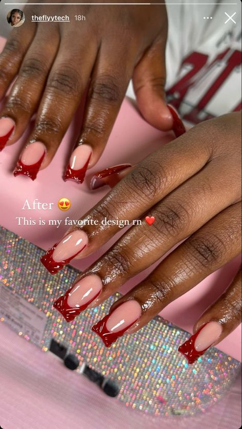 Red French Tip Birthday Nails, Red Acrylic Overlay Nails, Pink Base Red French Tip, Red French Valentine Nails, Red French Tip Nails With Diamonds, Cherry Theme Nails, Red And Green Short Nails, Blood Red French Tip Nails, Red Short Acrylics