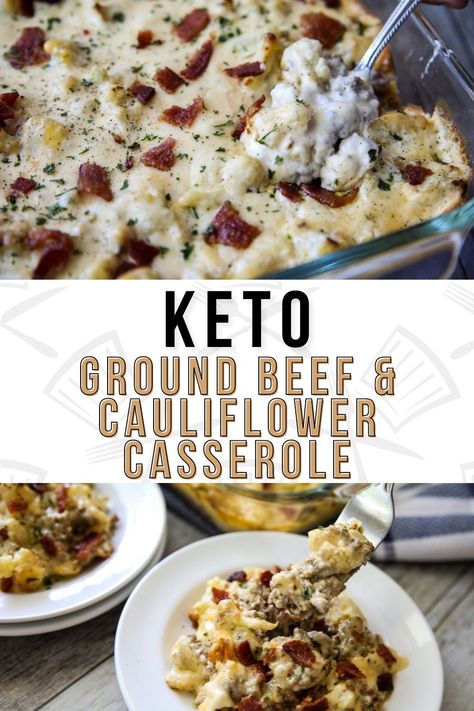 This Keto Ground Beef and Cauliflower Casserole is comfort food at its best! This cheesy low carb meal is guaranteed to please the entire family. Ground Turkey And Cauliflower, Cauliflower Casserole Keto, Ground Beef Cauliflower, Creamy Ground Beef, Beef Cauliflower, Keto Cauliflower Casserole, Baked Cauliflower Casserole, Cheesy Ground Beef, Low Carb Chicken Casserole