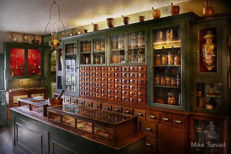 Pharmacy - I'll be out in a minute  by Mike  Savad Apothecary Decor, Apothecary Cabinet, Medicine Bottles, Colmar, Tea Shop, Glass Shelves, 인테리어 디자인, Apothecary, Pharmacy