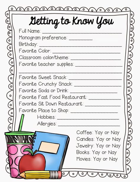 Many moons ago, I had a super sweet mama send me a survey in her son's folder on the first day of school. She wanted to know more about me... Teacher Questionnaire, Staff Morale, Teacher Freebies, Teacher Templates, School Teacher Gifts, Staff Appreciation, Teacher Supplies, Beginning Of School, Teacher Appreciation Week