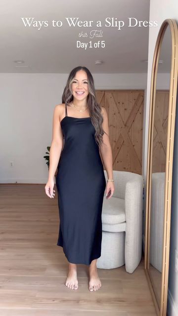 Iris Hess on Instagram: "How to style a silk dress for fall. There is endless possibilities styling a slip dress for fall! Hope you get inspired with my slip dress styling videos, where I will be showing how to take this versatile piece from day to night, casual to mom life. Comment “FALL” below and I will dm you the outfit link. #falloutfitideas #fallfashion2023 #falloutfitinspo #autumnfashionideas #autumnoutfits #loafershoes #slipdress #thanksgivingoutfitideas" Long Black Satin Dress Outfit Casual, Sweater Over Silk Dress Outfit, Silk Slip Dress With Sweater, Slip Dress With Boots Outfit, Shoes With Slip Dress, Black Silk Dress Outfit Casual, Navy Slip Dress Outfit, How To Style A Black Slip Dress, Slip Dress Sweater Outfit