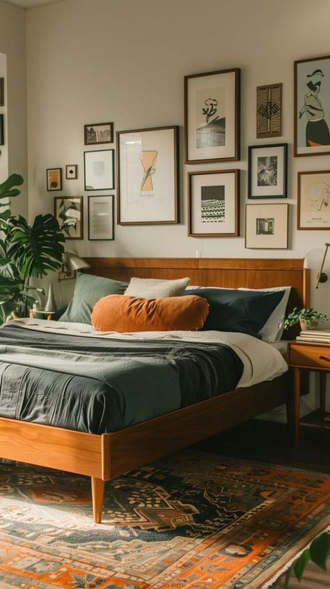 Caramel Wood Bed Frame, Modern Bohemian Apartment, Mid Century Contemporary Bedroom, Modern Retro Interior Design Bedroom, Green Mcm Bedroom, Green Mid Century Modern Bedroom, Mid Century Modern Bedroom Blue, Green Paint Bedroom Ideas, Cozy Bright Bedroom