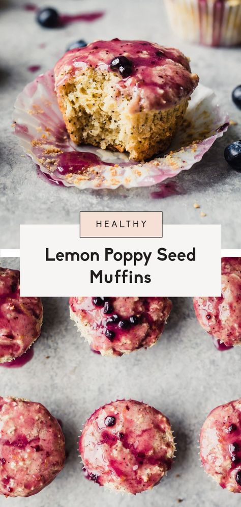 Healthy lemon poppy seed muffins made with yogurt and topped with a perfectly sweet lemon blueberry glaze. These lemon poppy seed muffins are perfect for spring! #muffins #lemon #healthysnack #snack #breakfast Spring Muffins, Healthy Lemon Poppyseed Muffins, Lemon Poppy Seed Muffins Healthy, Muffins Lemon, Blueberry Glaze, Poppyseed Muffins, Lemon Poppy Seed Muffins, Seed Muffins, Poppy Seed Muffins