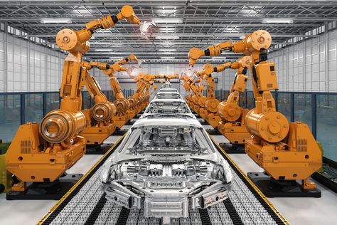 Robotic arms in a production line at an automotive manufacturing factory Robot Programming, Robotic Automation, Intelligent Robot, Industrial Robots, Manufacturing Factory, Assembly Line, Cloud Computing, Market Research, Automotive Industry