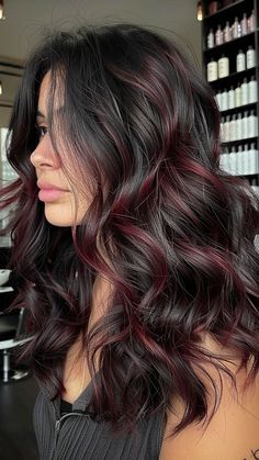 Black And Burgundy Highlights, Hair Dye Ideas Burgundy, Subtle Hair Highlights For Black Hair, Black Hair With Subtle Red Highlights, Black With Dark Red Highlights, Burgundy Streaks In Brown Hair, Dark Brown Hair With Colorful Highlights, Subtle Red Highlights In Black Hair, Hair Colour Inspo For Black Hair