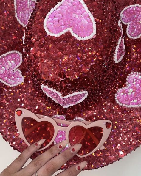 Spread the love this Valentines Day with the Cupid Cowgirl Set 💗 Featuring a sequin top & bralette set, as well as this iconic cowboy hat Cupid Cowgirl, Sequin Cowboy Hat, Matching Nails, Clown Hat, Nails Heart, Sequin Hat, Pink Cowboy Hat, Brand Palette, Heart Shaped Glasses