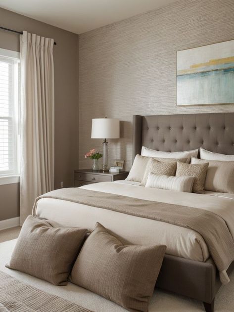 Warm Beige Bedroom, Taupe Rooms, Beige Walls Bedroom, Taupe Bedding, Taupe Bedroom, Beige Room, Moore House, Tufted Upholstered Headboard, Beige Bedroom