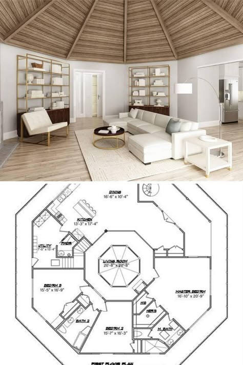 Octagon Living Room Interior Design, Round Houses Interior, Rondavel Interior Design, Octagon Bedroom Layout, Circular Homes House Plans, Octagonal Living Room, Boho House Floor Plans, Conversation Pit House Plans, Octagon House Interior