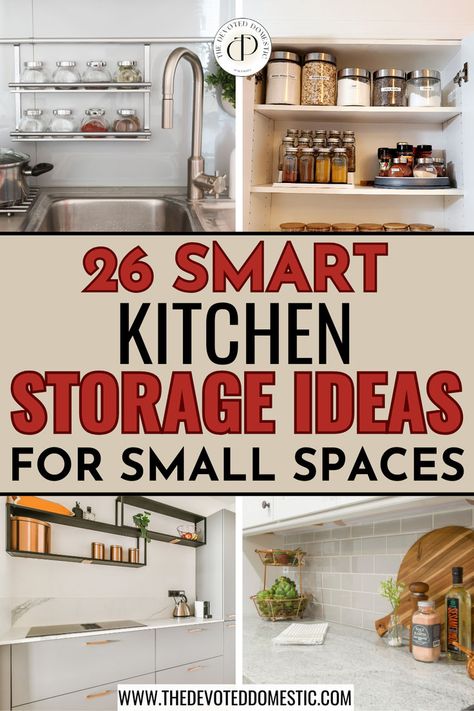 I wish I knew about these 26 smart kitchen storage ideas for small spaces!! These GENIUS & non-damaging small kitchen storage ideas solved ALL of my space problems & helped me create more space for my stuff in my cabinets, on the countertop & I even got a rolling kitchen island which is basically an extra surface + storage unit! Apartment Kitchen Storage Ideas, Smart Kitchen Storage, Small Kitchen Storage Ideas, Small Kitchen Storage Solutions, Small Kitchen Hacks, Interior Ikea, Storage Ideas For Small Spaces, Cabinet Inspiration, Kitchen Storage Ideas