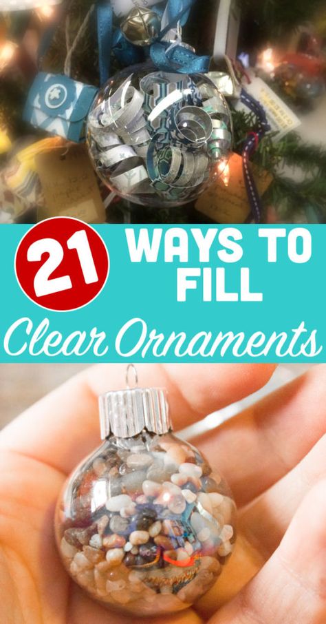 These are some of my favorite ways to fill clear ornaments with recycled and found objects. Home Made Christmas Ornaments Glass Balls, Filled Plastic Christmas Ornaments, What To Put In Clear Ornaments, Diy Globe Ornaments Craft Ideas, Decorating Clear Christmas Balls, Filled Glass Ornaments, Filled Clear Christmas Ornaments, Fillable Ornaments Ideas, Empty Christmas Ornament Ideas