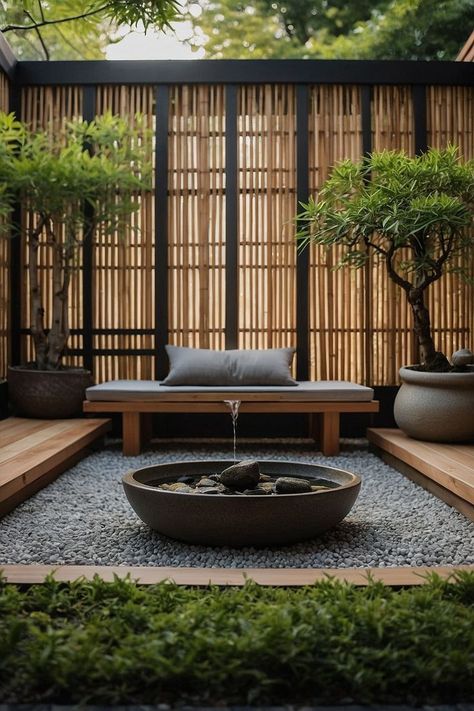 Japandi Patio Furniture, Japanese Deck Design, Japanese Courtyard Garden Small Spaces, Japandi Patio, Japanese Deck, Japanese Patio, Bamboo Bonsai, Japanese Courtyard Garden, Japanese Courtyard