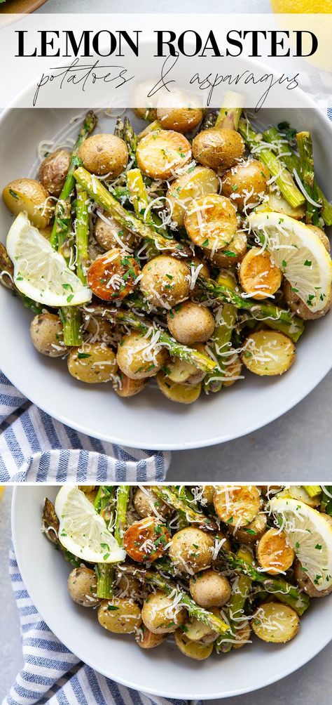 These roasted potatoes and asparagus are roasted in lots of fresh lemon and garlic and the perfect spring side dish for any meal! Asparagus Potato Sheet Pan, Vegan Dinner Dishes, Kitchen Garden Recipes, Potato Asparagus Salad, Meal Prep Asparagus Recipes, Asparagus And Potato Recipes, Summer Asparagus Recipes, Spring Sides Recipes, Stuffed Potatoes Vegetarian