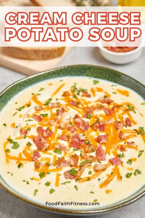 Warm up with this simple Cream Cheese Potato Soup Recipe - creamy, hearty, and delicious. Recipes For Cream Soups, Loaded Potato Soup With Cream Cheese, Potato Soup Crock Pot Cream Cheese Easy Recipes, Crockpot Potato Soup Cream Cheese, Crockpot Potato Soup With Cream Cheese, Creamy Potato Soup With Cream Cheese, Potato Soup With Cream Of Chicken, Cream Of Potatoes Soup, Potato Soup Without Sour Cream