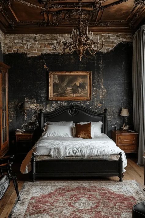 35 Inspiring Vintage Bedroom Ideas to Refresh Your Room Dark Academia Bedroom Decor, Dark Romantic Bedroom, Dark Academia Home Decor, Dark Bedroom Aesthetic, Maximalist Bedroom, Gothic Bedroom, Earthy Bedroom, Feminine Bedroom, Bedroom Wall Colors