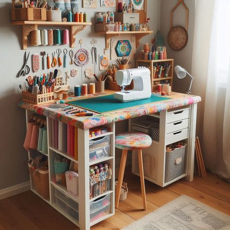 15 Small Craft Room Ideas for Creative Spaces Craft Sewing Room Ideas Work Spaces, Crafty Room Ideas, Small Craft Office Ideas, Vintage Craft Room Storage Ideas, Craft Room Spare Bedroom Combo, Craft Room Decorations, Sewing Room Inspiration Small Spaces, Sewing Desk Ideas Small Spaces, Sewing Area Ideas