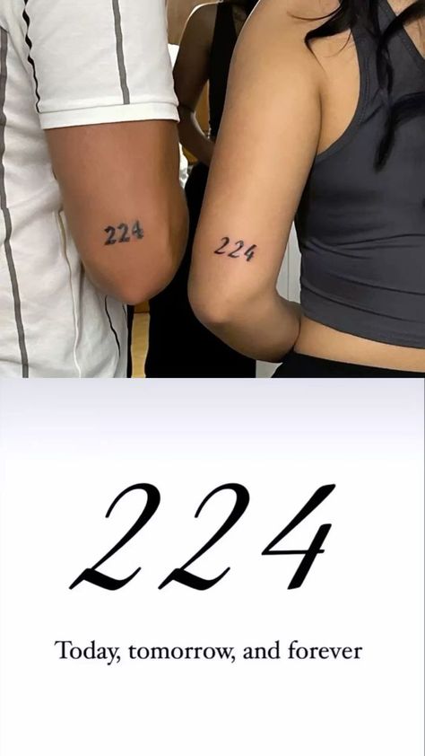 Today tomorrow and forever Matching 224 tattoos on arms symbolize Today, tomorrow, and forever commitment in stylized black ink. | Sky Rye Design Matching Tattoos Symbols, Small Tattoo For Husband, Tattoo Ideas For Husband And Wife, Matching Tattoos For Couple, Matching Tattoo Dad Daughter, Boy And Girl Best Friends Tattoos Ideas, Discreet Couple Tattoos, 224 Tattoo Meaning, 244 Tattoo