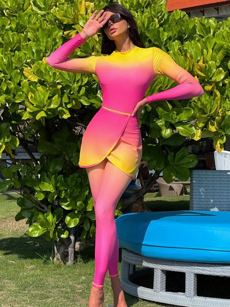 SHEIN 3pack Ombre One Piece Burkini Swimsuit | SHEIN USA Burkini Swimsuit, Body Swimsuit, Full Body Swimsuit, Swimsuit Shein, Dress Leggings, Clothing Business, Minding Your Own Business, Womens Tankini, Ruffle Long Sleeve