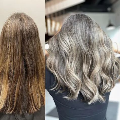 Transitioning to Gray Hair 101, NEW Ways to Go Gray in 2021 - Hadviser Blonde Hair With Grey Highlights, Hair Lowlights, Transitioning To Gray Hair, Natural White Hair, Grey Hair Care, Grey Hair Transformation, Grey Hair Dye, Hair 101, Ash Blonde Balayage