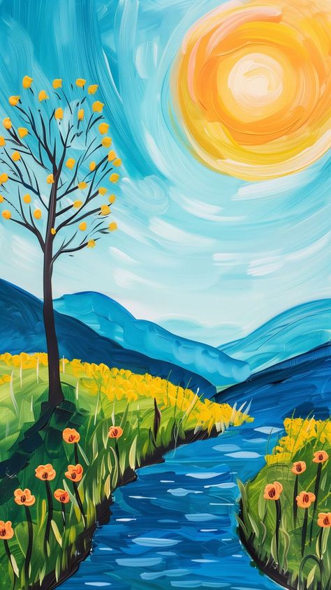 Acrylic Painting For Kids, Landscape Painting Watercolor, Simple Paintings, Easy Landscape Paintings, Fall Canvas Painting, Easy Painting Ideas, Diy Watercolor Painting, Landscape Paintings Acrylic, Art Poster Design