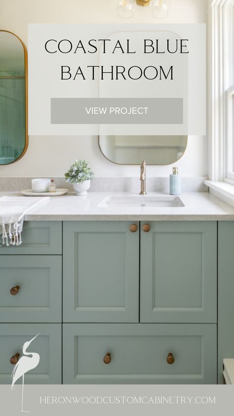 This bathroom is a serene coastal retreat. The sea glass-inspired blue cabinetry creates a calming atmosphere, complemented by luxurious gold finishes. The shower tile, perfectly matched to the cabinetry color, ties the space together with a seamless flow. Every detail has been thoughtfully curated, balancing elegance and tranquility to create a space that feels like a breath of fresh air.

#LuxuryHomes #HomeDesign #CustomCabinetry #VancouverIslandHomes #LuxuryBathrooms #CustomBathroom Coastal Bathroom Cabinets, Sea Salt Bathroom, Blue Cabinetry, Woodlawn Blue, Sea Glass Colors, Coastal Bathrooms, Heritage House, Custom Bathroom, Calming Atmosphere