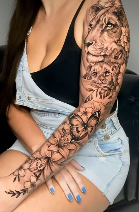 Women Sleeves Design Tattoo, Badass Sleeve Tattoos For Women, Tatto Sleeves Girl, Girl Arm Sleeve Tattoo, Lion With Flowers Tattoo For Women, Tattoo Manga Mujer, Realistic Tattoo Sleeve Women, Female Sleeve Tattoo Ideas For Women, Elephant Sleeve Tattoos For Women