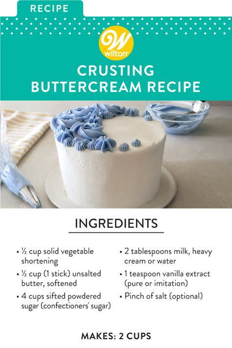 Want to know the secret to getting that nice, smooth finish on your cake? It’s all in the icing! Crusting buttercream (or frosting that lightly sets) is perfect if you need your frosting to keep its shape. You can use it to ice cakes, pipe swirls on cupcakes or for making buttercream flowers. Create a beautiful canvas for your buttercream flowers and decorations. #wiltoncakes #cakes #cakedecorating #cakeideas #buttercream #frosting #recipes #homemade #baking #americanbuttercream #dessertideas Icing For Flowers Recipe, Best Piping Buttercream Frosting, Smooth Cake Icing Recipe, Stiff Piping Frosting Recipe, Stiff Cake Frosting Recipe, Firm Buttercream Frosting, Icing Recipe For Piping Cupcakes, Smoothing Buttercream Frosting, Buttercream Icing Decorating Ideas