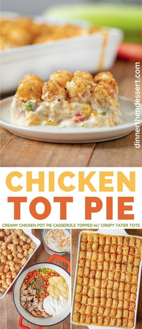 Chicken Tot Pie is an easy fun twist on classic pot pie, topped with crispy tater tots! #dinner #chickenpotpie #tatertots #casserole #potpie #tatertotcasserole #tatertothotdish #dinnerthendessert Tatertots Casserole, Pie Chicken, Dinner Then Dessert, Tot Casserole, Tater Tot Casserole, Pot Pies Recipes, Tater Tots, Easy Casserole Recipes, Easy Casserole