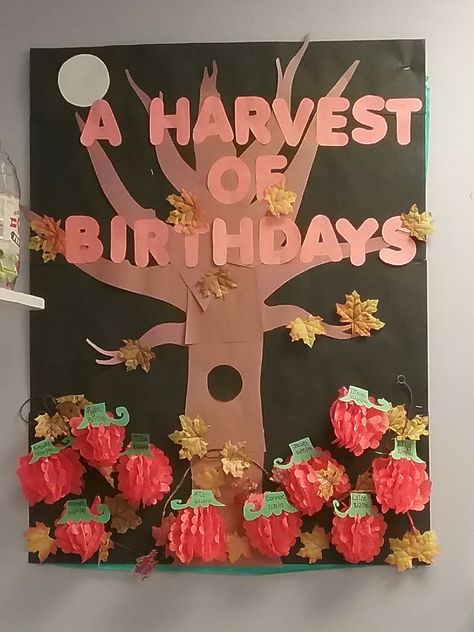 Fall Birthday Bulletin Boards Preschool, November Birthday Board Ideas, Halloween Birthday Board, September Birthday Bulletin Board Ideas, September Birthday Board Ideas, Fall Birthday Boards For Daycare, Fall Birthday Bulletin Board Ideas, Fall Birthday Board Classroom, October Birthday Board