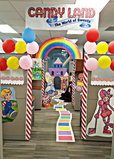 Candyland Office Decorations Theme Candyland Theme Table Centerpiece, Candy Land Theme Christmas Office, Candy Land Office Theme, Office Candy Land Decorations, Candy Land Theme Bulletin Boards, Office Christmas Decorations Candyland, Candyland Office Theme, Candyland School Decorations, Candyland Theme Classroom Decorations