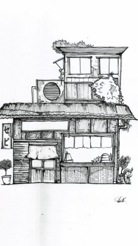 Japanese House Drawing, Japanese Architecture Drawings, Fluffy Black Cats, Cityscape Drawing, Fluffy Cats, Dotted Drawings, Watercolor House Painting, Japanese Shop, Just Ink