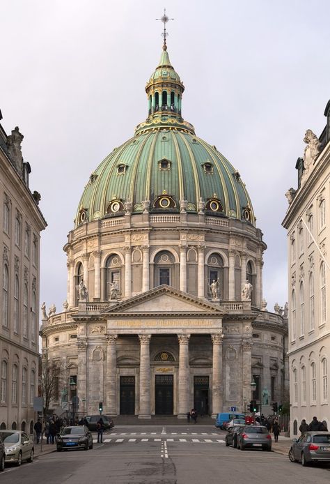 Though the foundations for this marble megastructure were laid in 1749, the project was not completed until nearly 150 years later because of budget and patronage issues. Its turquoise dome is now a focal point of the Copenhagen skyline. Classical Architecture House, Landscape Oil Paintings Trees, Copenhagen Architecture, Architecture Portfolio Design, Cathedral Architecture, Norman Foster, Architecture Landmark, Architecture Drawing Art, Danish Royal Family