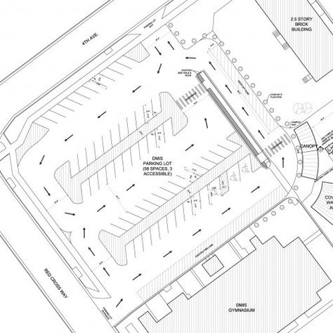 We recently updated the proposed parking lot plan for the Denver Montclair International School.  Our original design provided 58 spaces (plus 3 accessible spaces), with generous 63’ modules and 32’ aisles.  Between each module were 10’ wide pedestrian walks leading Parking Lot Plan, Car Park Design, Parking Plan, Parking Lot Architecture, Site Plan Design, Terminal Bus, Parking Building, Evergreen Colorado, Desain Quilling