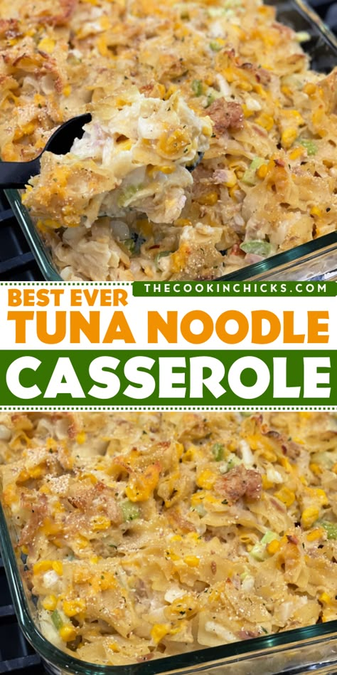 Looking for easy dinner ideas? Weeknight dinners for family have never been quicker with this creamy tuna noodle casserole! It's a tried-and-true recipe for classic comfort food. Enjoy this cheesy tuna noodle casserole with the whole family! Egg Noodle Tuna Casserole Recipes, Tuna Noodle Casserole Cream Cheese, Tuna Noodle Casserole Corn Flakes, Tuna Casarole Recipes, Tuna Melt Casserole Recipe, Keto Tuna Noodle Casserole, Recipes Using Canned Tuna Fish, Tuna Casserole Without Noodles, One Pot Creamy Tuna Noodle Casserole