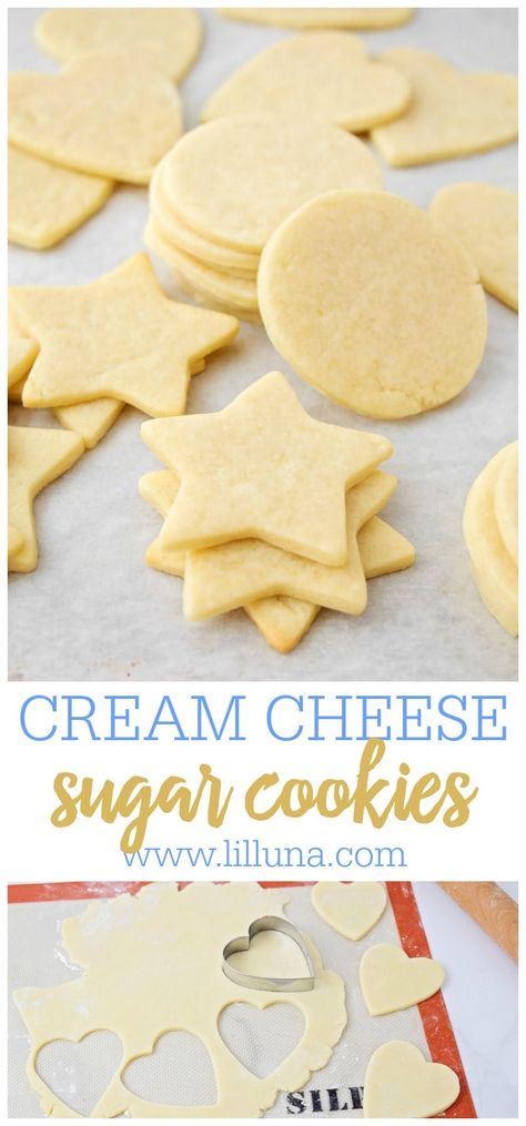 Cream cheese sugar cookies are a perfectly soft, melt-in-your-mouth cutout cookie! They are easy to make and fun to decorate. #creamcheesesugarcookies #creamcheese #sugarcookies #cookies #dessert Cream Cheese Sugar Cookie Recipe, Cream Cheese Cookie Recipe, Cutout Cookie, Cream Cheese Sugar Cookies, Cheese Frosting Recipe, Cut Out Cookie Recipe, Cream Cheese Frosting Recipe, Cheese Cookies, Cream Cheese Cookies