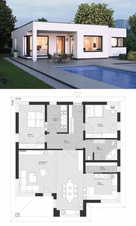 Housing Plans, Home Designs Exterior, Flat Roof House, Modern Floor Plans, Modern Bungalow House, House Layout Plans, Bungalow House Plans, Bungalow Design, Prefabricated Houses