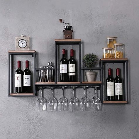 Wall Mounted Wine Rack Wood, Wine Bottle Shelf, Wall Hanging Wine Rack, Wine Bottle Display, Wine Glass Storage, Wall Mounted Bar, Hanging Wine Rack, Modern Home Bar, Bar In Casa