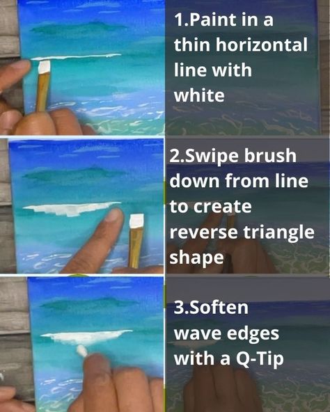 Beach Painting Easy Step By Step, Beach Scene Painting Easy, How To Paint Waves Step By Step, How To Paint Waves Acrylic Step By Step, How To Paint The Ocean With Acrylics, Ocean Painting Acrylic Beach Scenes, Paint Beach Scene Easy, Step By Step Beach Painting, Seascape Paintings Beach Scenes