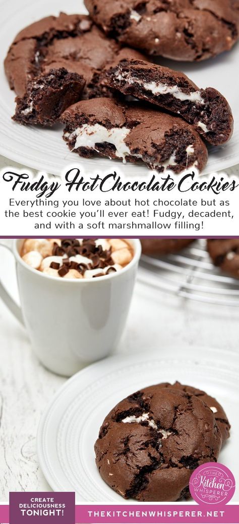 Brownie Marshmallow Cookies, Fudge Filled Cookies, Marshmallow Christmas Cookies, Christmas Cookies Marshmallow, Hot Cocoa Desserts, Hot Cocoa Brownies, Hot Cocoa Cookies Recipe, Hot Chocolate Dessert, Soft Christmas Cookies