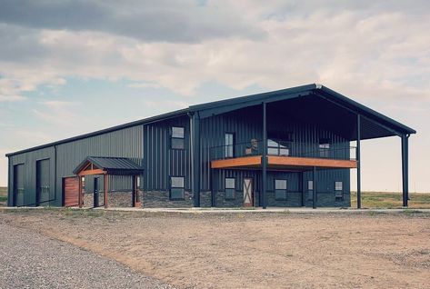 “Amazing Option For Your First Barndominium!” 📸credit: @adhouseplans Plan # 135188GRA Most questions can be answered with the… | Instagram Steel Frame Barndominium, 60x80 Barndominium, Barndominium Entrance, Barndo With Shop, Dream Barndominium, Queenslander Homes, Barn Dominium, Shop Houses, Prefab Garages