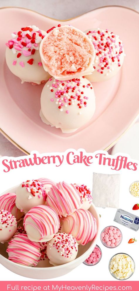 strawberry cake truffles Strawberry Flavored Cake, Valentines Day Deserts, Cake Truffles Recipe, Valentines For Him, Valentines Party Food, Valentine Cake Pop, Valentines Day Decoration, Valentines Recipes Desserts, Valentines Gift Ideas