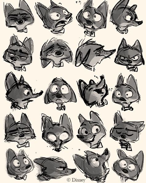 Before I started boarding on Zootopia 3 years ago I made a facial expression sheet to try to figure out how I would draw Nick.  I hung it above my desk for reference during the production. Luckily the crew had our amazingly talented director Byron Howard to show us how to really draw the characters! #Zootopia #nick #disneyanimation  #sketch by whittlewoodshop Facial Expression Sheet, Character Expression Sheet, Zootopia Concept Art, Human Face Drawing, Facial Expressions Drawing, Expression Sheet, Zootopia Art, Character Model Sheet, Disney Concept Art