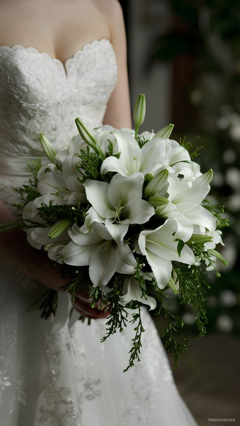 Elegant Classic White Lily Wedding Bouquet White Lily And Eucalyptus Bouquet, Lily Bridal Bouquet White, White Lily Flower Arrangements, Green And White Bouquets, Bride Bouquet White Elegant Wedding Flowers, Wedding Bouquet With Lilies, Lilies Bouquet Wedding, White Flower Arrangements Wedding, White Bride Bouquets