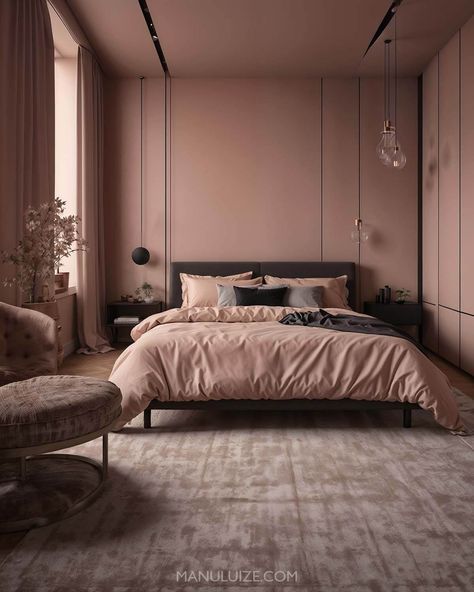 Here's a guide to incorporating dusty pink into your bedroom decor with 35 modern bedroom decor ideas to surprise you! #pinkbedroom #interior Ideas for: light pink bedrooms, grey and pink bedroom ideas, blue and pink bedroom, green and pink bedroom, pink bedroom aesthetic, white and pink bedroom, pink bedroom ideas, black and pink bedroom, girly pink bedroom, pink bedroom decor, sage green and pink bedroom, blush pink bedroom, dusty pink bedroom. Pink Bedroom With Dark Wood Furniture, Pink And Charcoal Bedroom, Dusty Pink Feature Wall Bedroom, Black And Dusty Rose Bedroom, Dusty Pink Room Aesthetic, Dark Blush Bedroom, Dusty Pink And Black Bedroom, Dusty Pink And Blue Bedroom, Dusty Pink Room Ideas