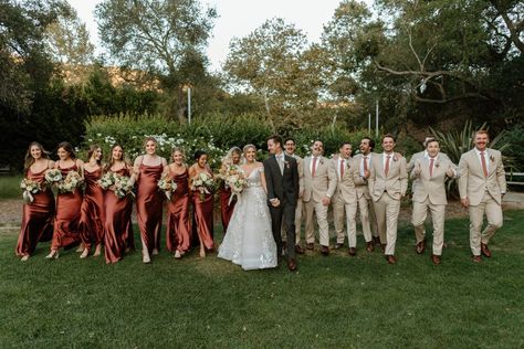 Creative wedding party photos. Rust, terracotta, and tan boho color scheme. | Sarah Yates Photo | This romantic Italian-style wedding in Southern California was straight out of a fairytale. Wedding Party Photos Terracotta, Copper And Tan Wedding Party, Men’s Wedding Party Suits, Boho Fall Wedding Groomsmen, Terracotta Themed Wedding, Rustic Wedding Terracotta, Rust Wedding Party Bridesmaid Dress, Terracotta And Green Wedding Theme, Terracotta Bridesmaid Dress With Groomsmen