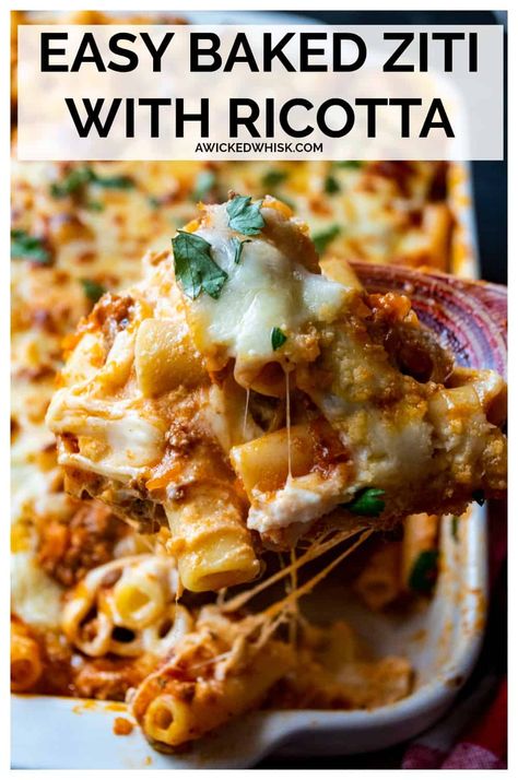 Healthy Ziti Bake, Best Italian Pasta Dishes, Ziti Lasagna Bake, Pasta Bake Recipes With Ricotta, Spaghetti Sauce With Ricotta Cheese, Potluck Italian Dishes, Best Baked Ziti With Ricotta, Noodles With Ricotta Cheese, Recipes With Ricotta Cheese Main Dishes